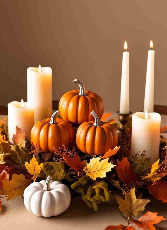 Mini Pumpkins, Leaves, And Candlelight