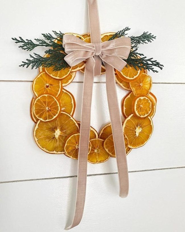 Golden Citrus Wreath With Blush Ribbon