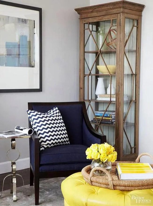 Blue Walls, Yellow Flowers, Wood Warmth