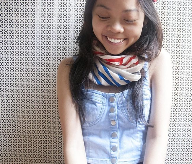 Red Striped Scarf, Closed Eyes Smile
