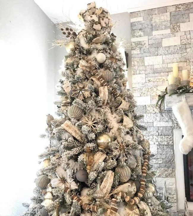 Gray Brick, Gold Ornaments, Fireplace