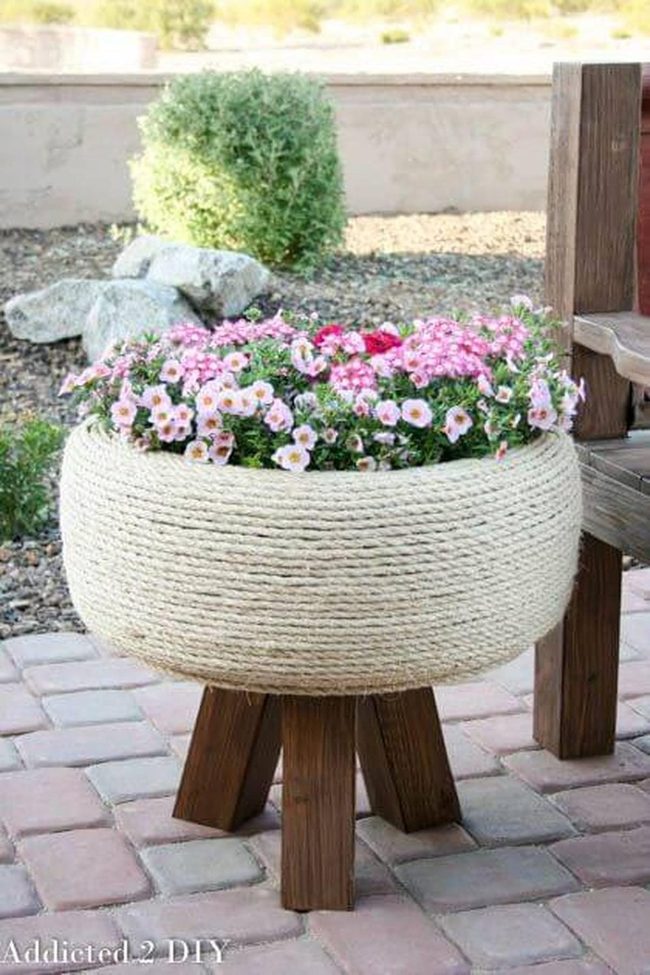 Textured Earthen Planter With Wooden Base