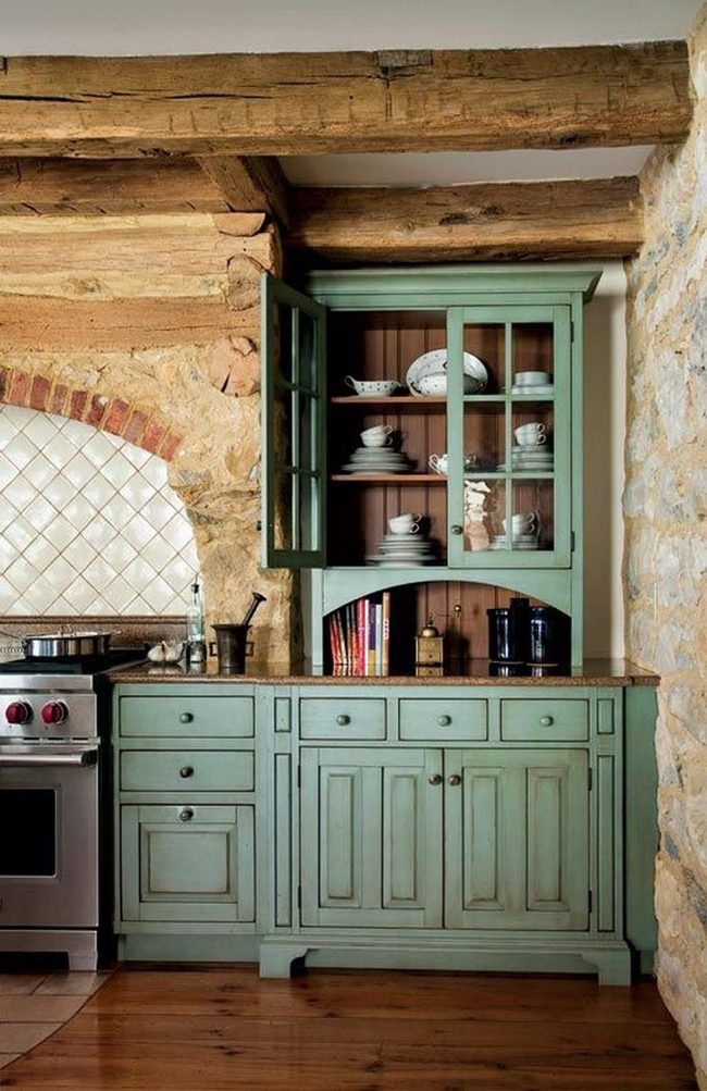 Green Cabinets Meet Stone Walls
