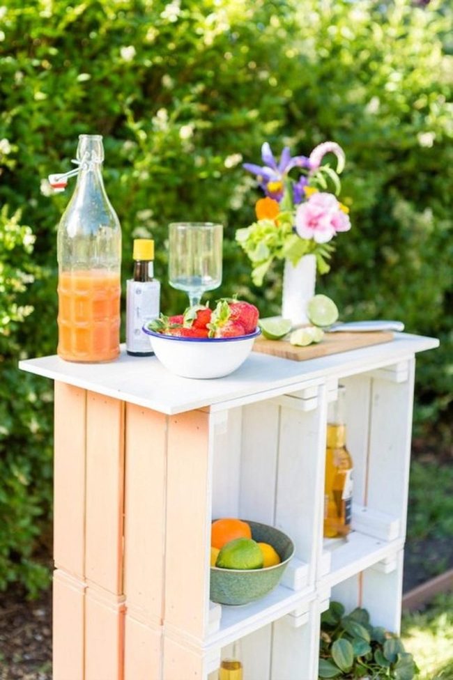 Fruit And Flowers On Peach Shelves