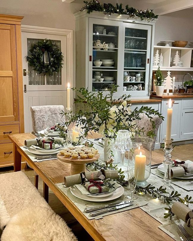 Wooden Table, Fresh Greenery, Candlelight