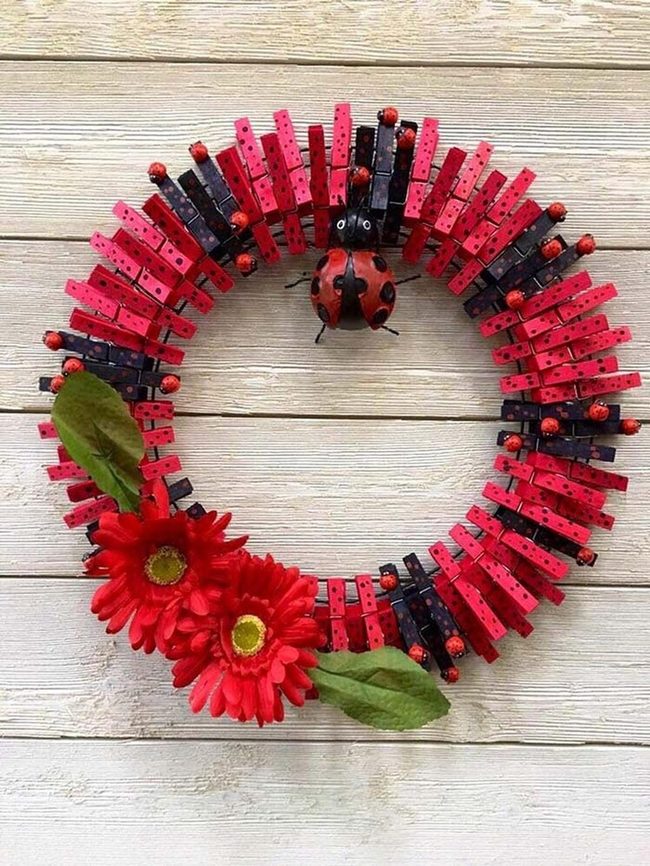 Painted Clothespin Ladybug Wreath