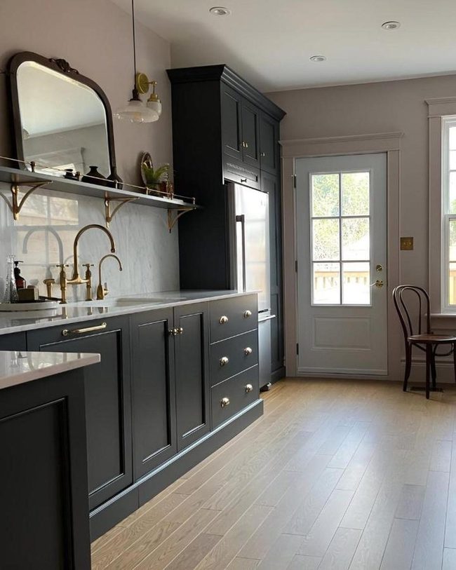Deep Green Kitchen Cabinets, Brass Hardware