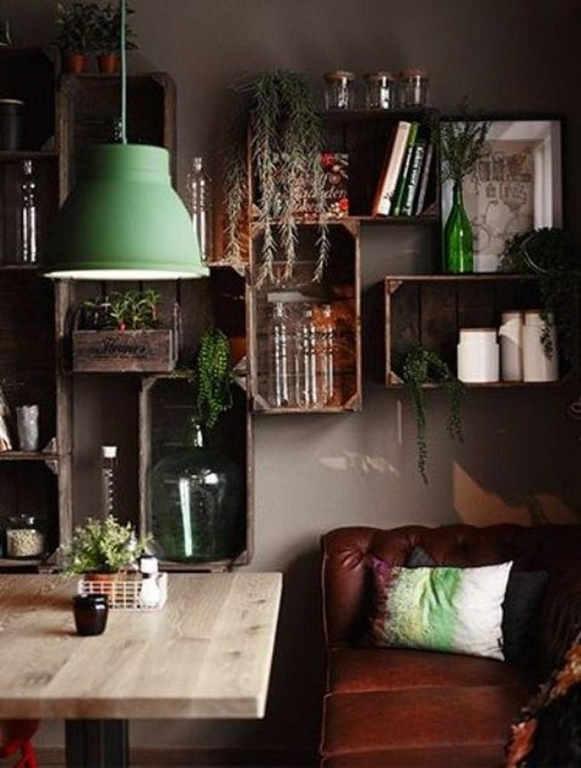 Green Wooden Shelves With Plants