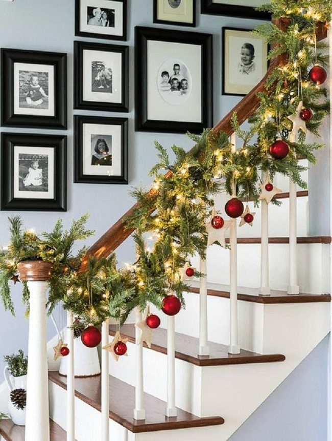 Green Garland Staircase With Red Ornaments