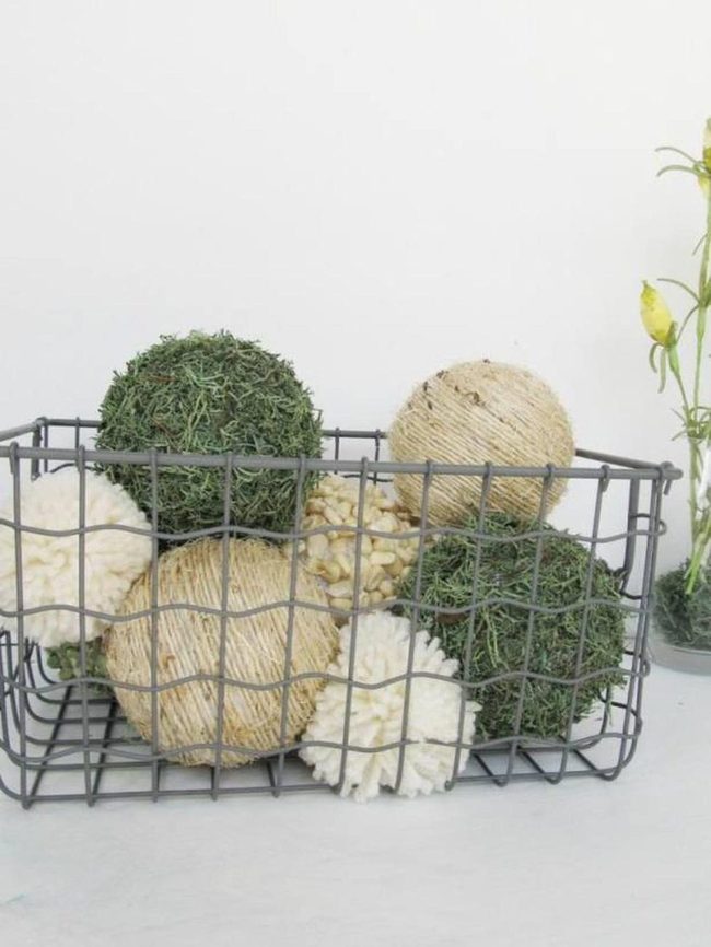 Cream Pom-Poms In Wire Baskets