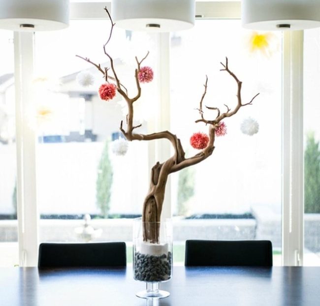 Wooden Branch With Colorful Poms