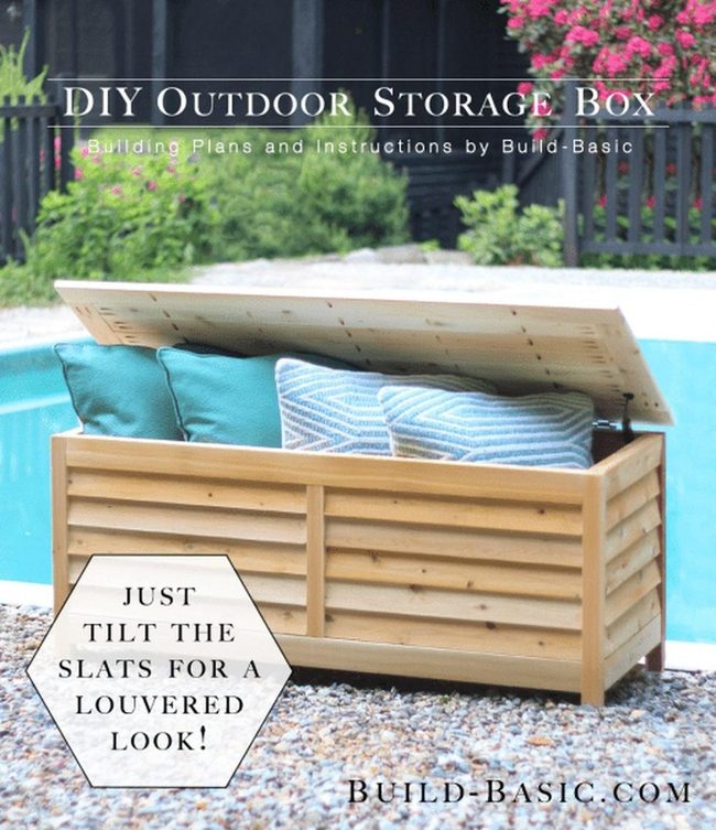 Wooden Pool Storage With Blue Cushions