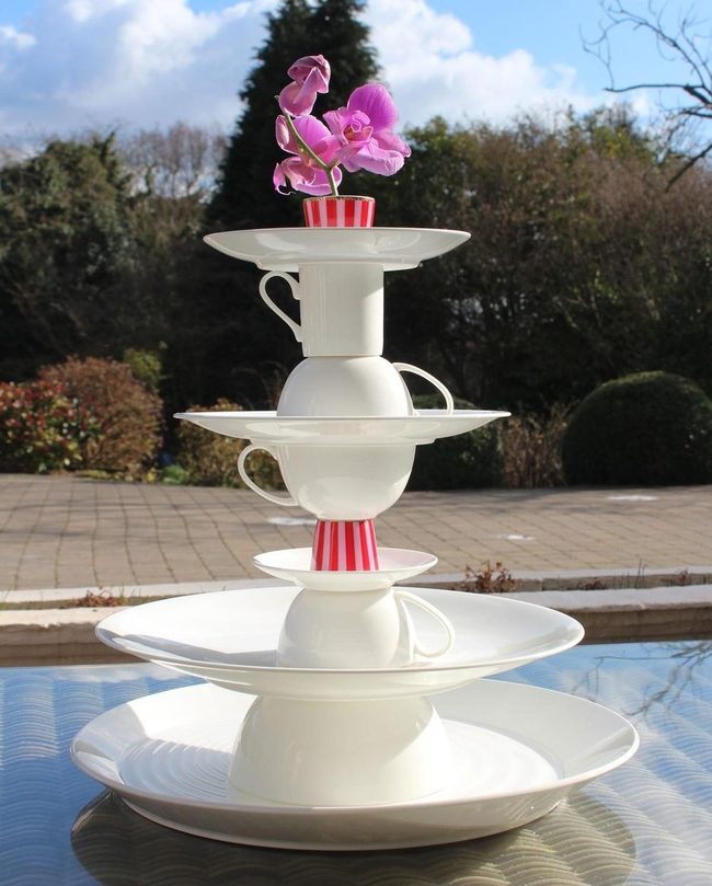 White Porcelain Tower Pink Flowers