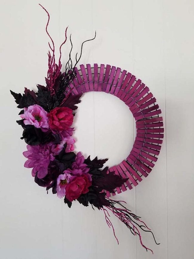 Purple And Black Clothespin Wreath