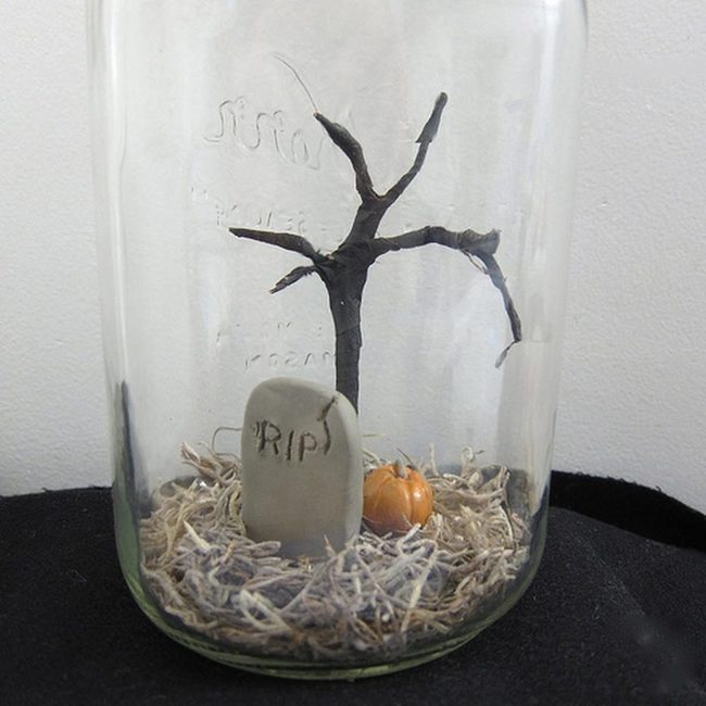 Orange Pumpkins, Gray Tombstone, Glass Jar