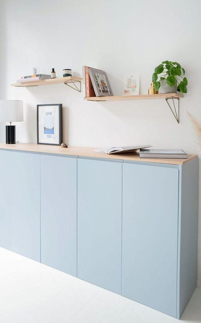 Blue Cabinets, White Walls, Living Space