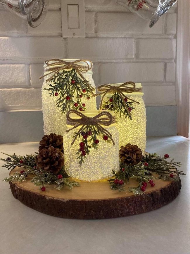 Frosted Jar Lights With Pinecones
