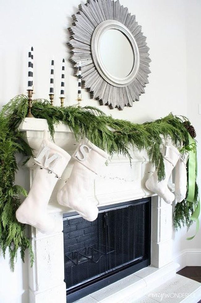 White Mantel Gold Accents Green Pine