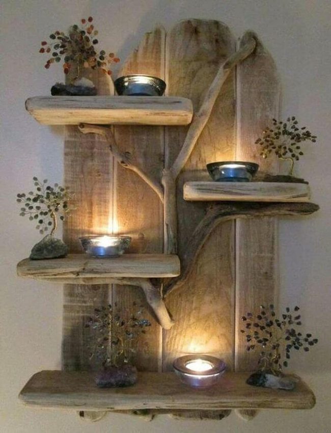 Raw Wood Shelving With Candlelight