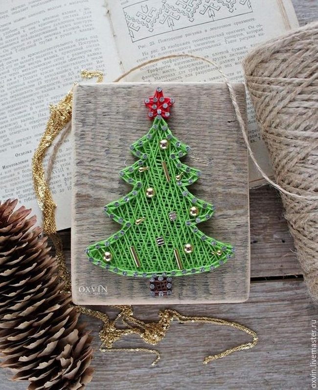 Green Thread Christmas Tree On Weathered Wood