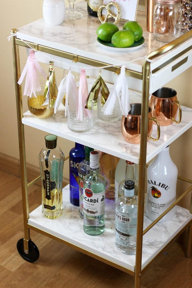 Gold Frame Bar Cart With Pink Tassels