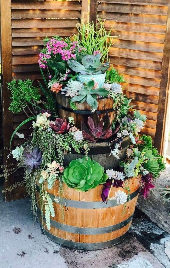 Wooden Barrel Succulent Tower
