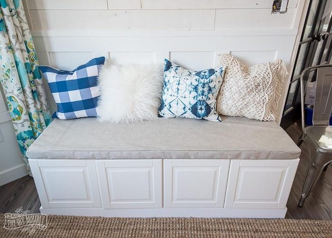 White Bench Blue Pillows Corner
