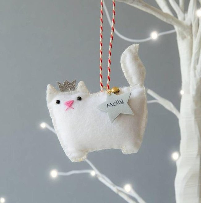 Silver-Crowned White Cat Ornament