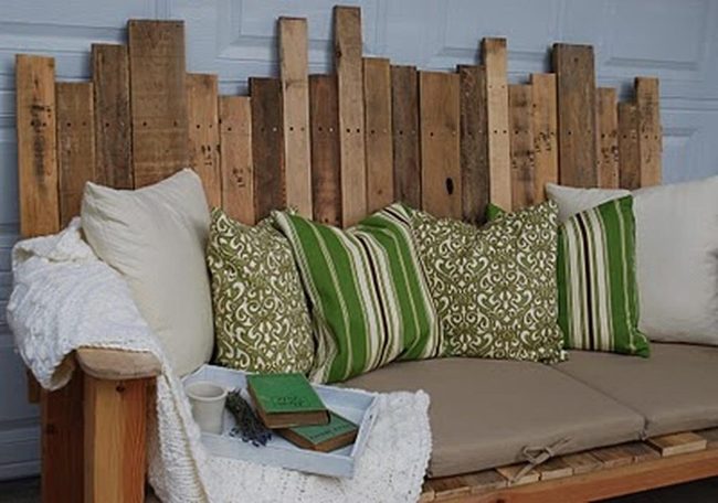 Wooden Bench With Green Cushions