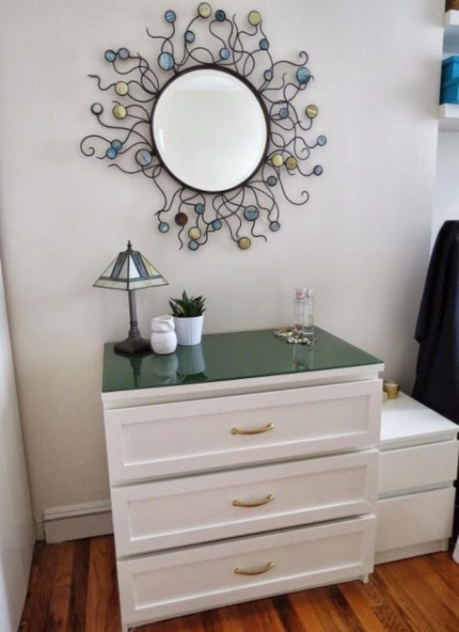 White Dresser, Gold Hardware, Green Glass
