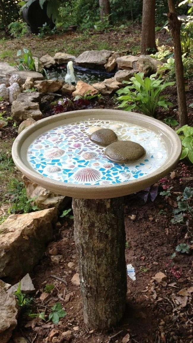 Mosaic Seashell Garden Birdbath