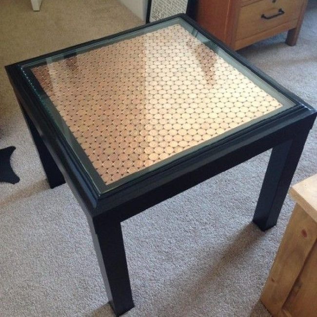 Black Glass Table With Wooden Coins