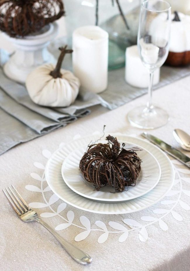 Twig Pumpkins On White Plates