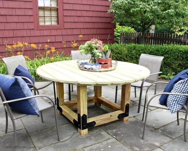 Red Brick Patio With Blue Seating