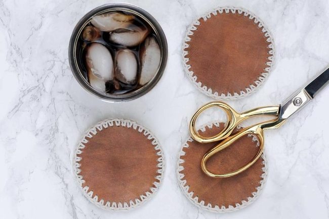 Brown Leather Coasters, Gold Accents