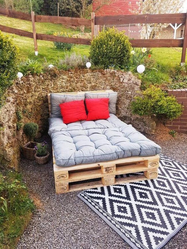 Gray Cushions, Red Pillows, Wood Bench