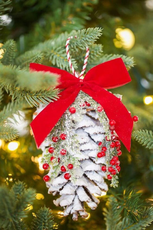 Frosted Pine Cone Red Ribbon