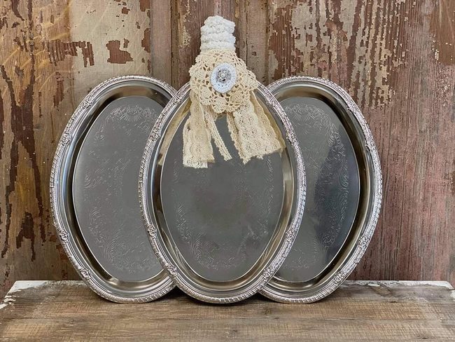 Silver Serving Platters With Vintage Brooches