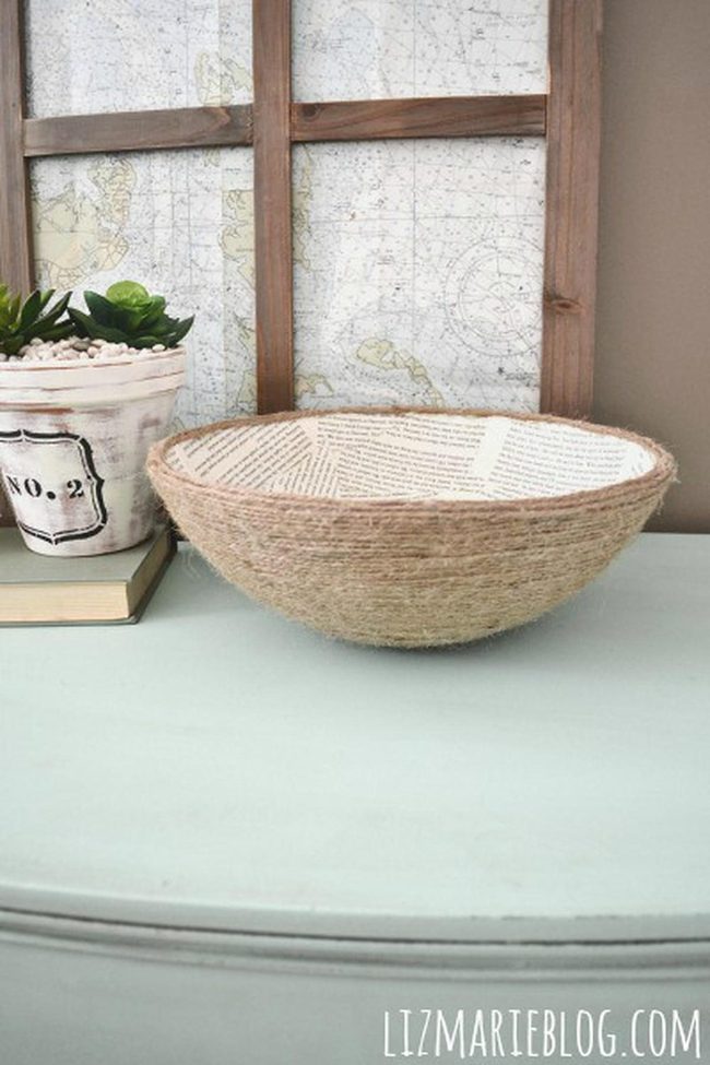 Green Twine Bowl With Blue Table