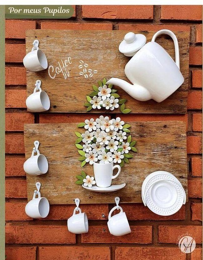 White Porcelain Cups, Wooden Kitchen Wall