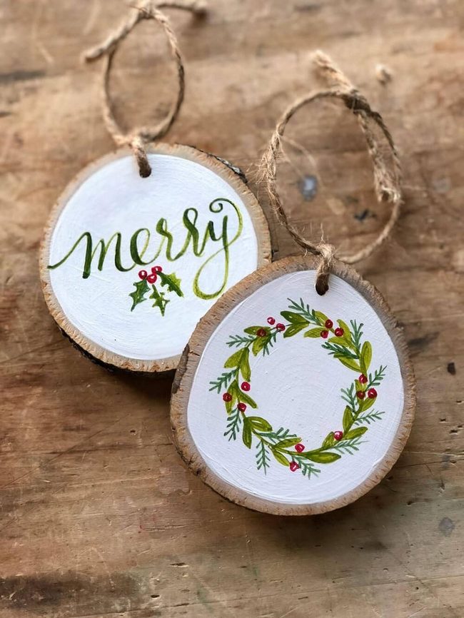 Green Red Painted Wood Ornaments