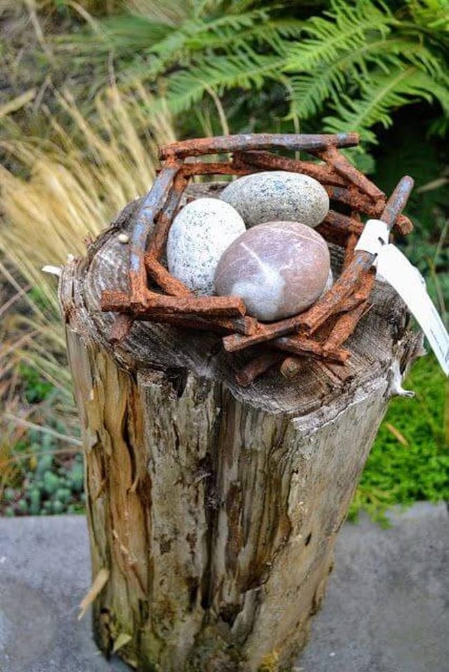 Stone-Filled Nest On Weathered Wood