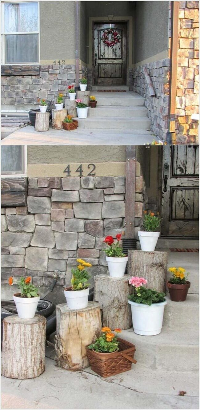 White Ceramic Pots On Weathered Logs