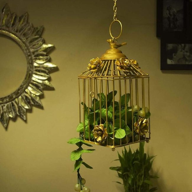 Golden Birdcage With Cascading Ivy
