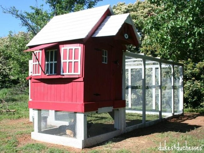 Red Farmyard Coop With White Trim