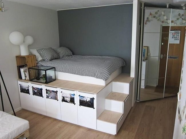 Wooden Bed With Built-In Steps