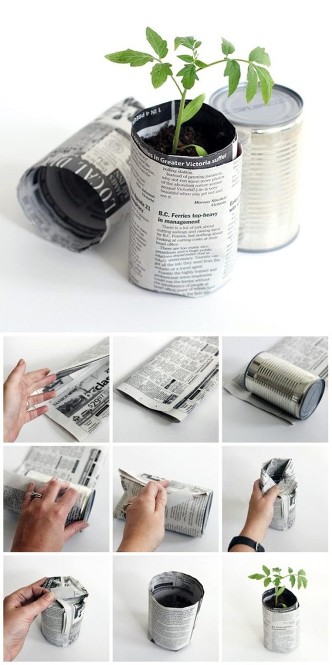 Newspaper-Wrapped Tin Planters
