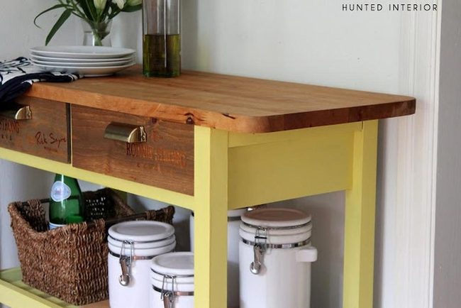 Yellow-Legged Wood Table, Green Bottles