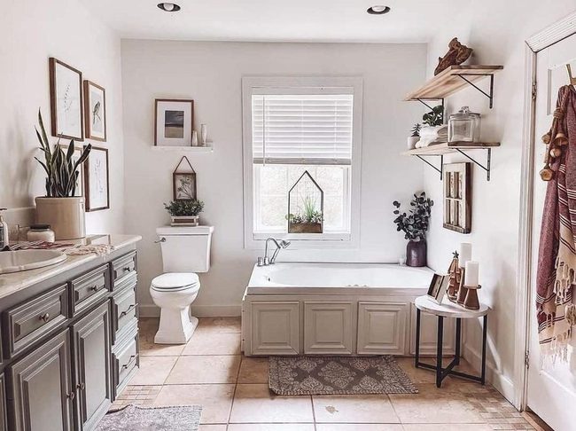 Soft Green Cabinets With Warm Tile