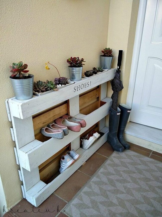 White Pallet Shoe Storage With Plants